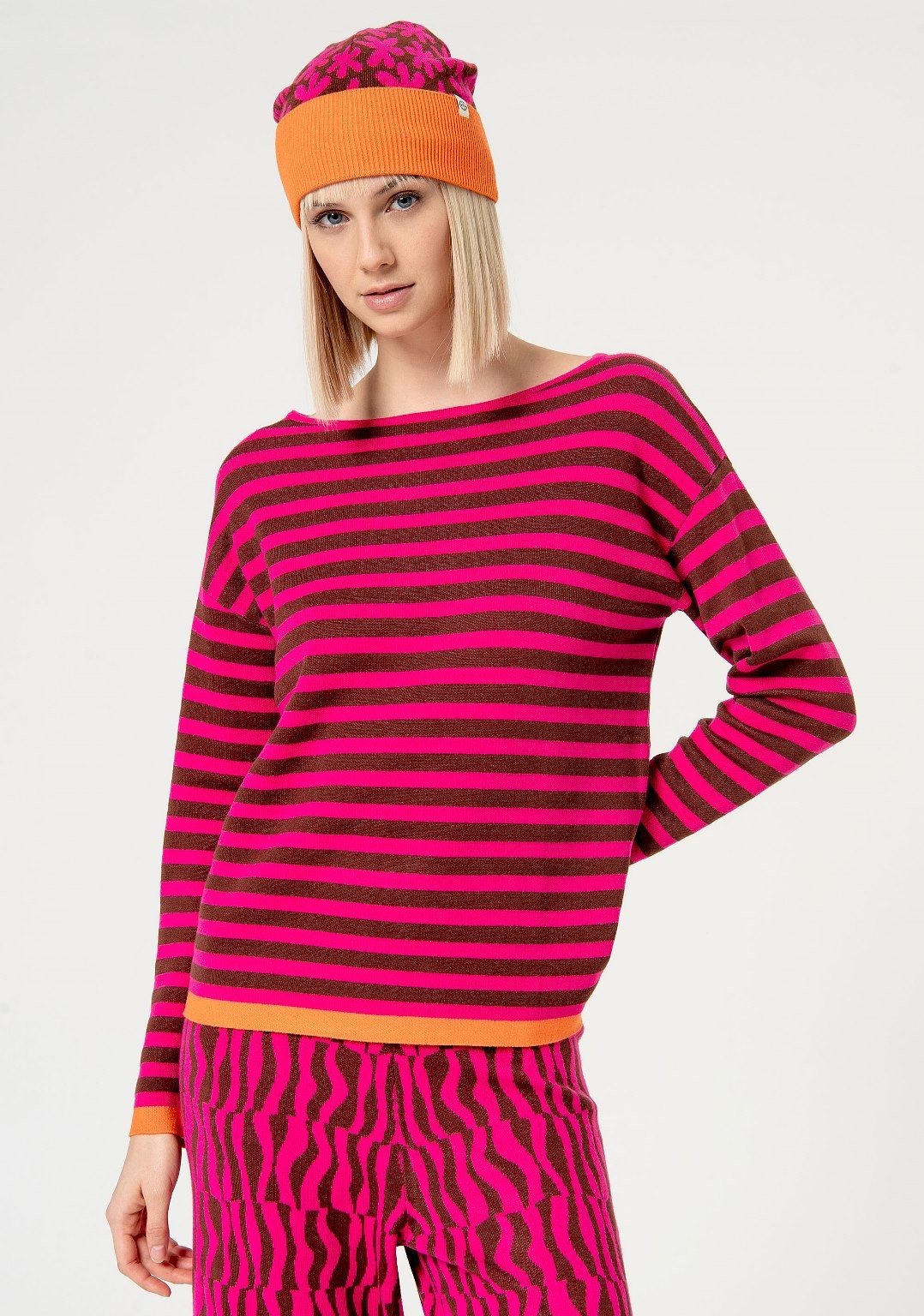 Pull jacquard rayé Fushia