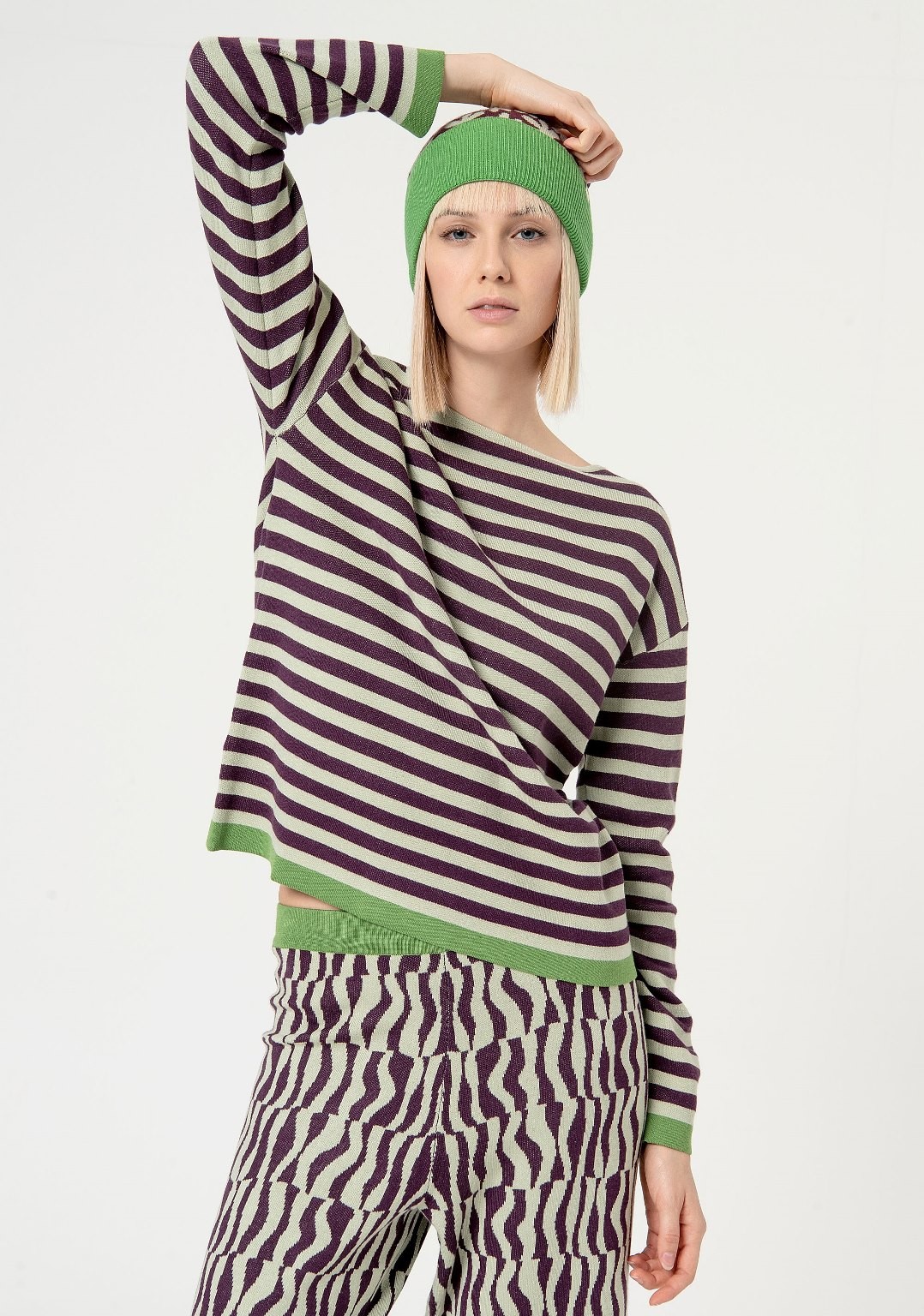 Pull jacquard rayé Vert acide