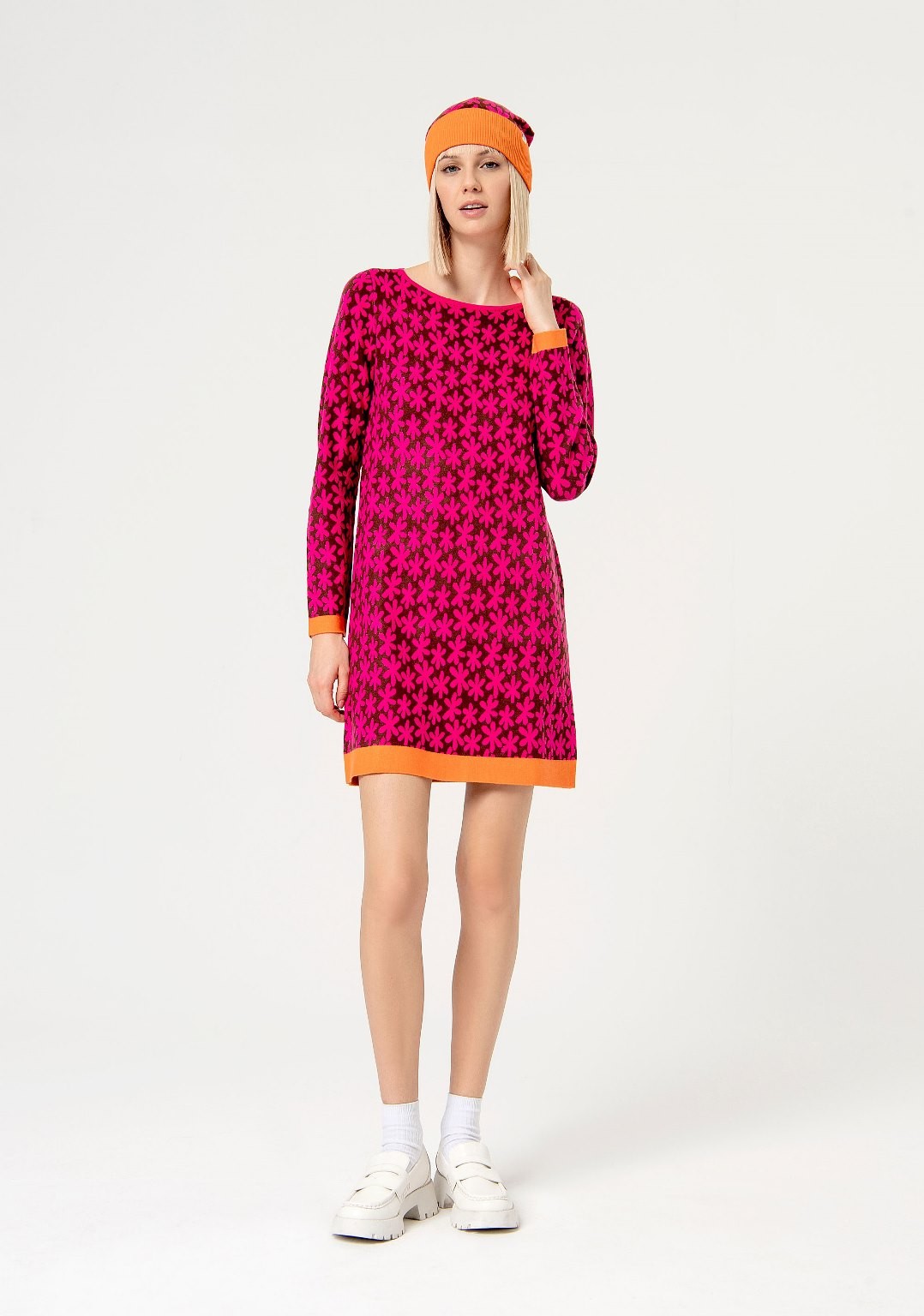 Printed stretch jacquard stretch dress Fuchsia