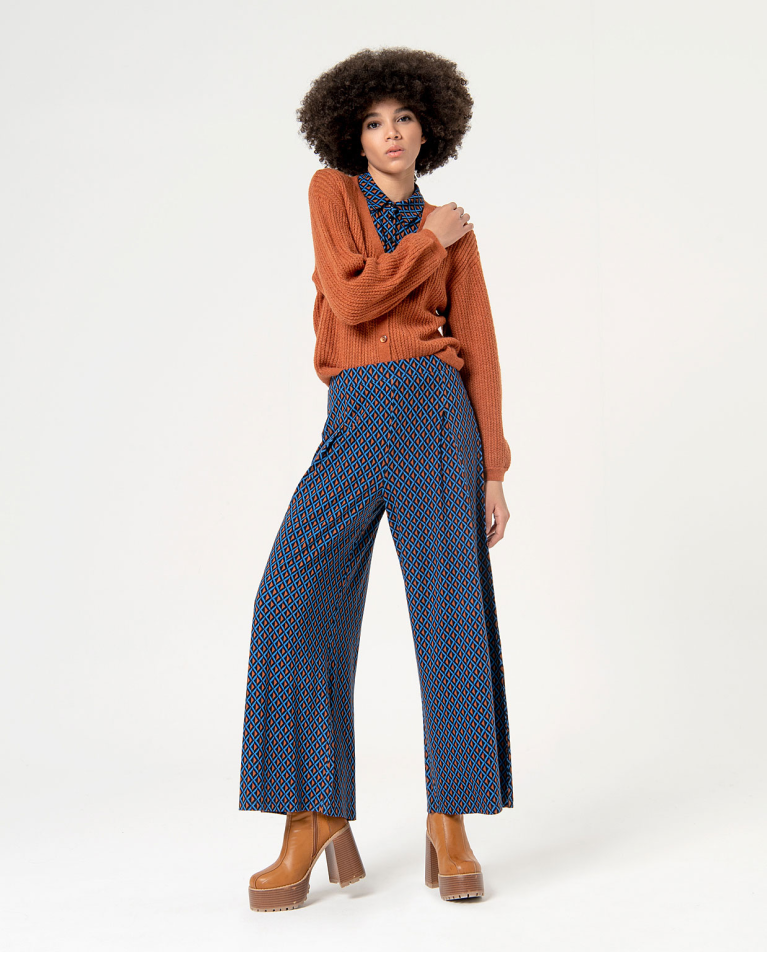 Printed wide leg elastic pants Blue