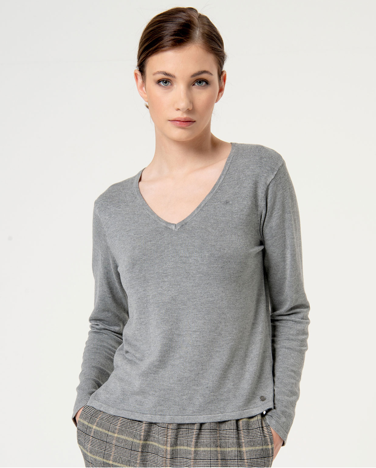 Pull tricoté uni à col en V Gris