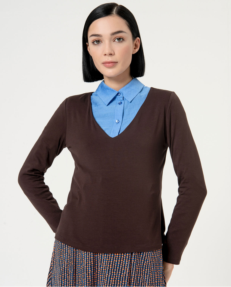 Plain long sleeve V-neck t-shirt Chocolate