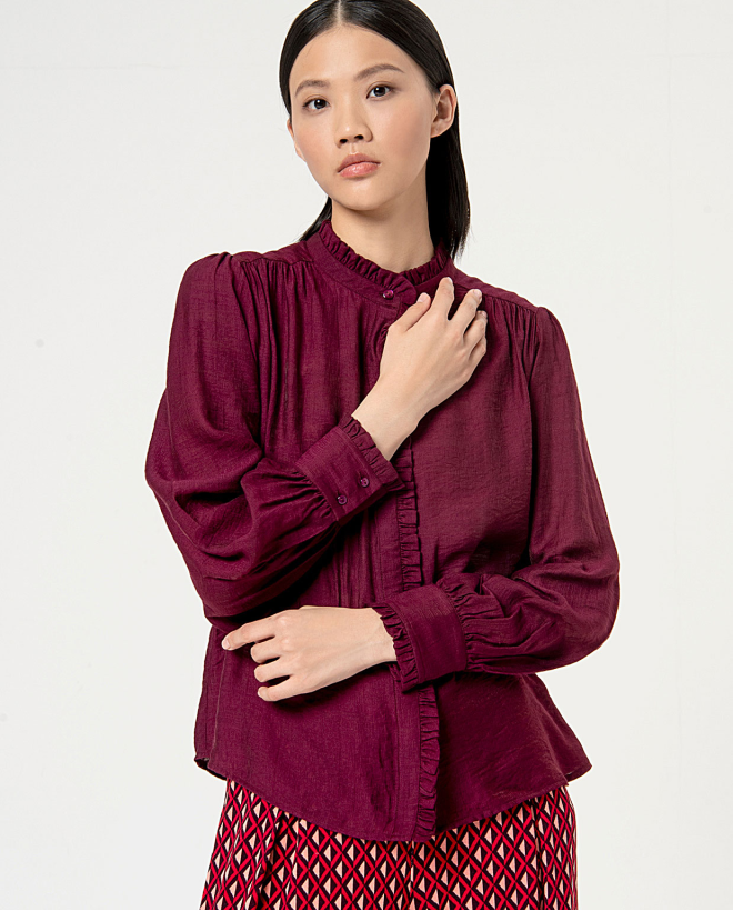 Smooth ruffled mao collared shirt Bourdeaux