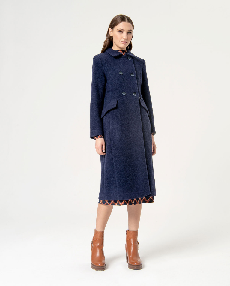 Manteau long uni à double boutonnage Bleu marine