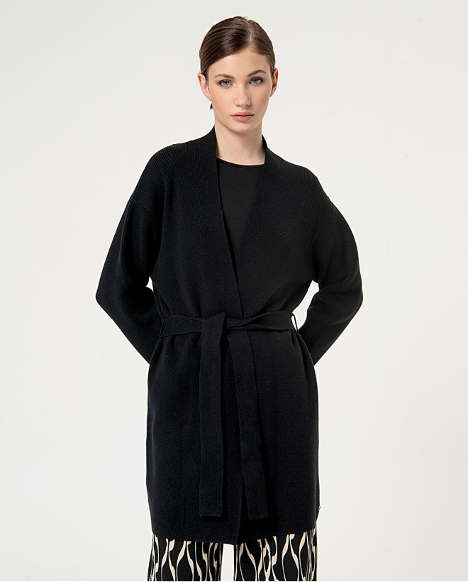 Plain open cardigan with belt Black