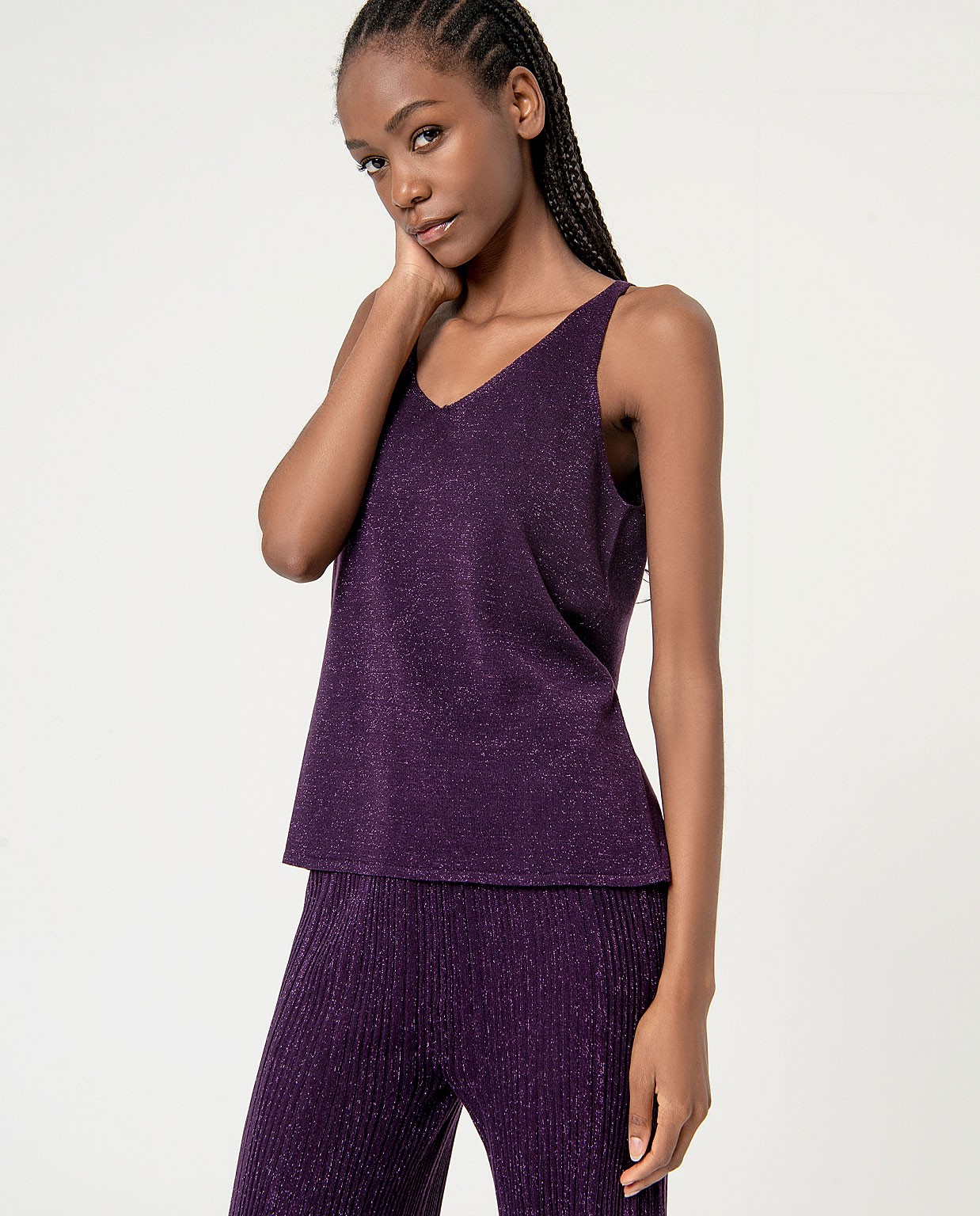 Top uni en tricot de fil métallique Violet