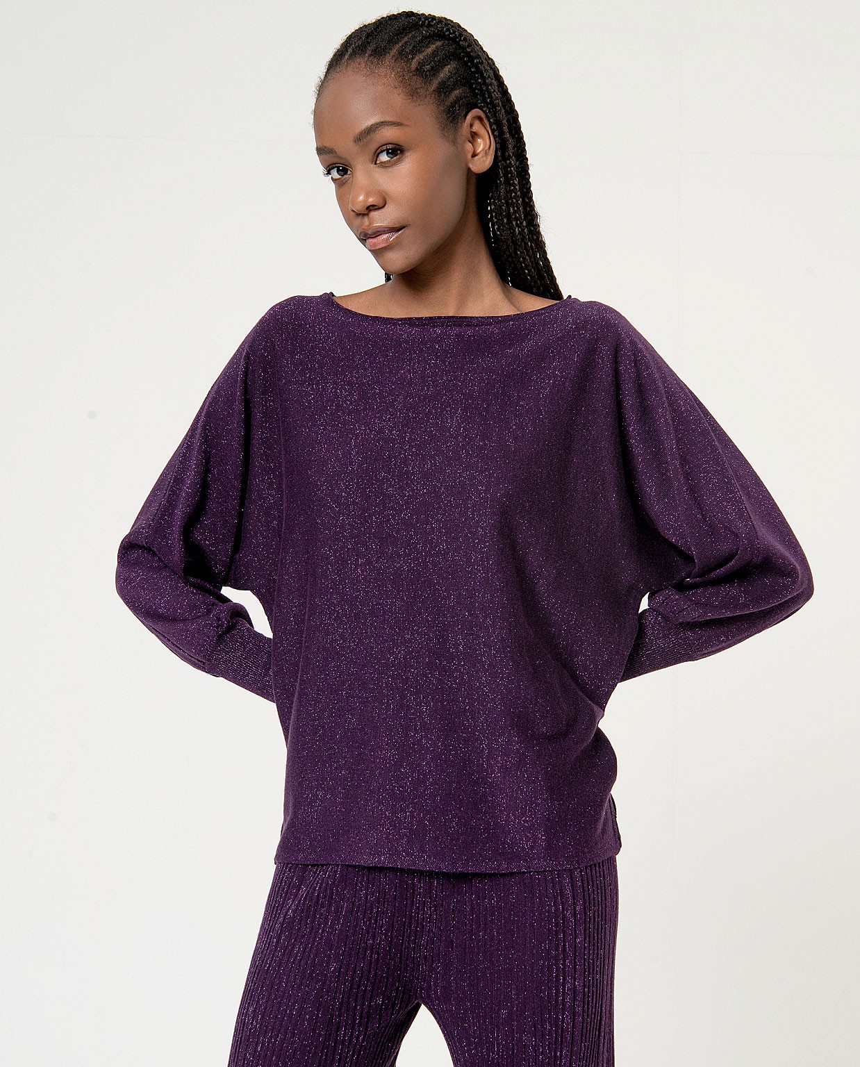 Plain metallic knitted sweater Purple