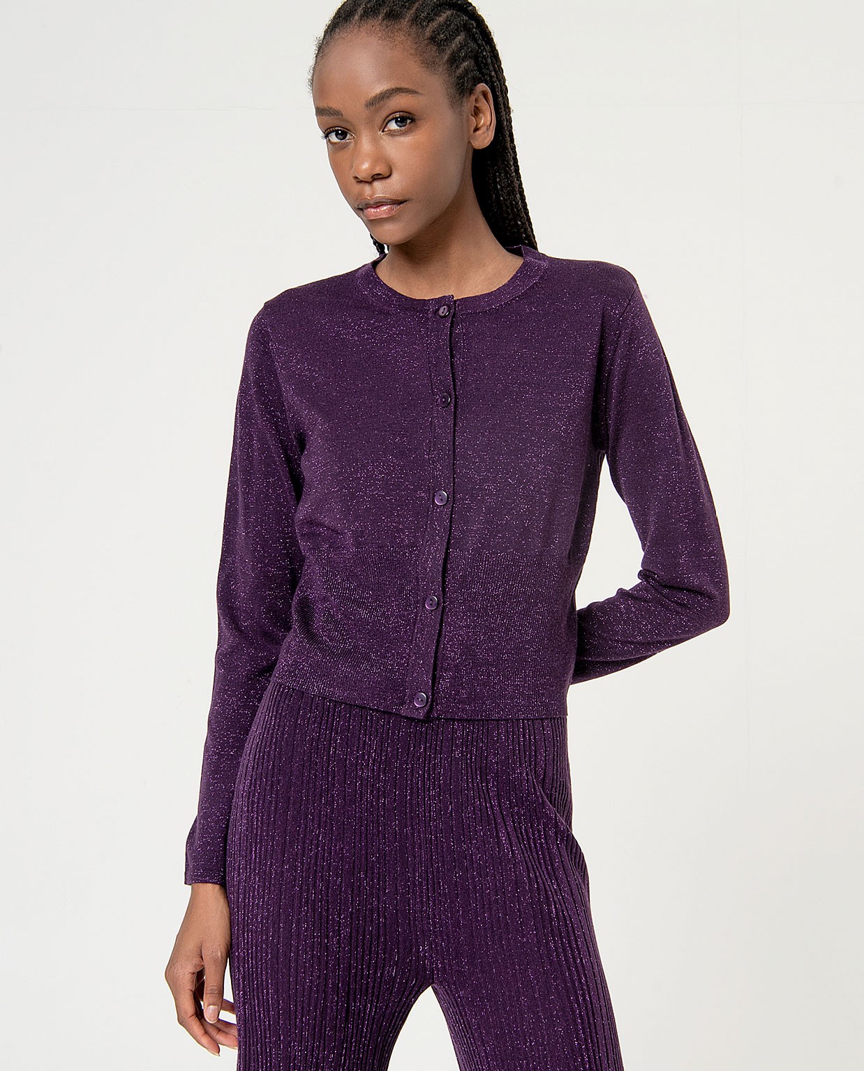 Cardigan court uni en fil métallique Violet