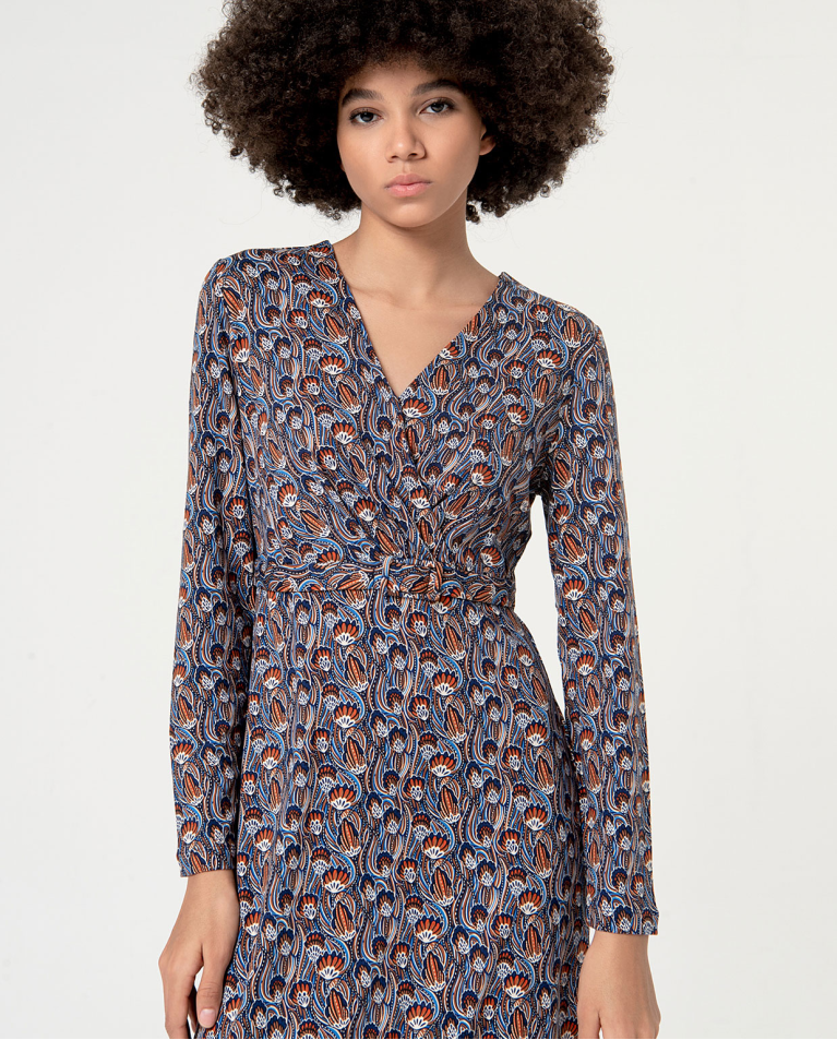 Robe courte stretch croisée et imprimée Bleu