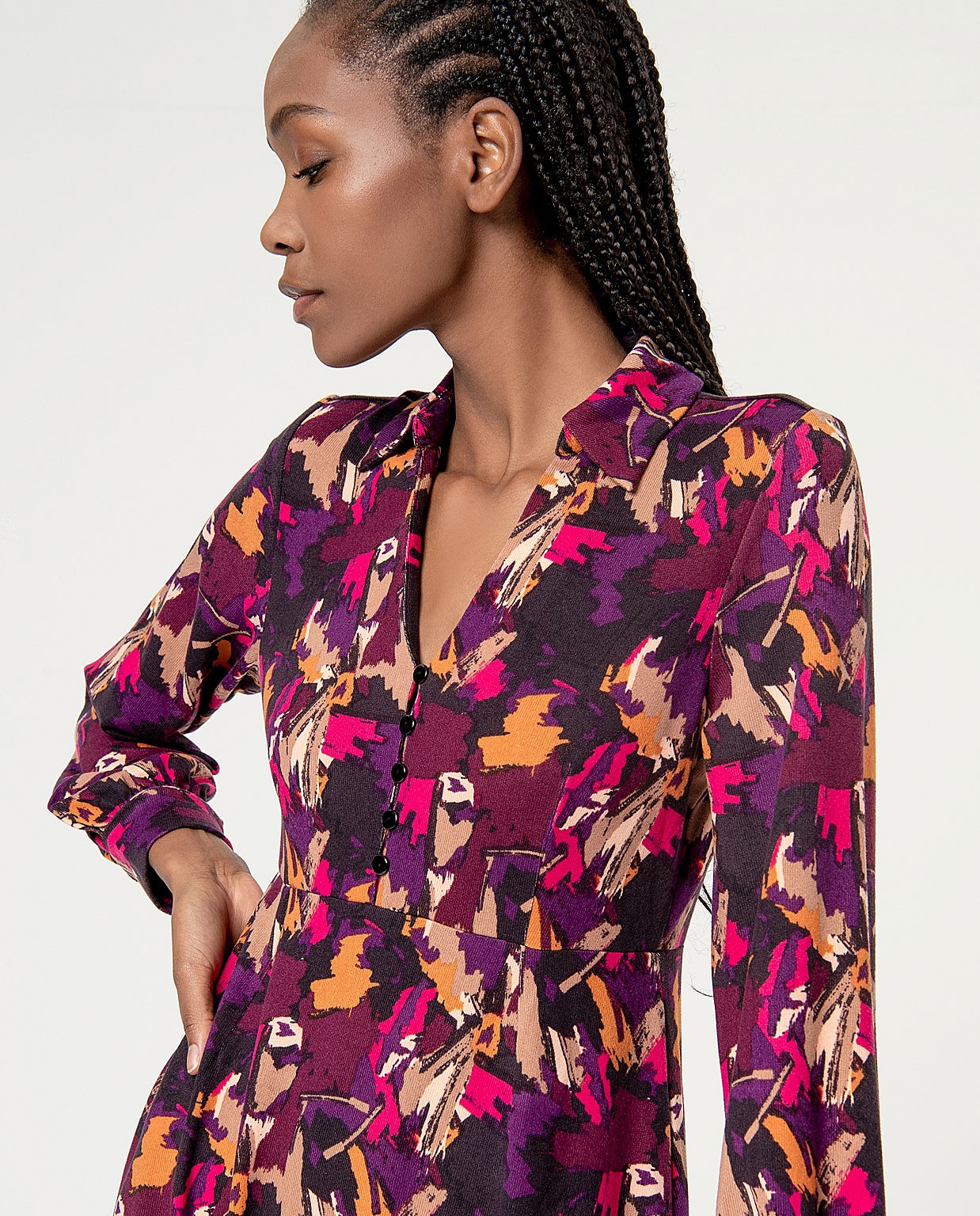 Printed elastic stretch shirt dress Purple