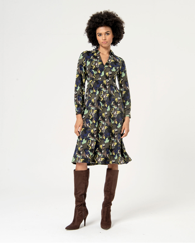 Printed elastic stretch shirt dress Green