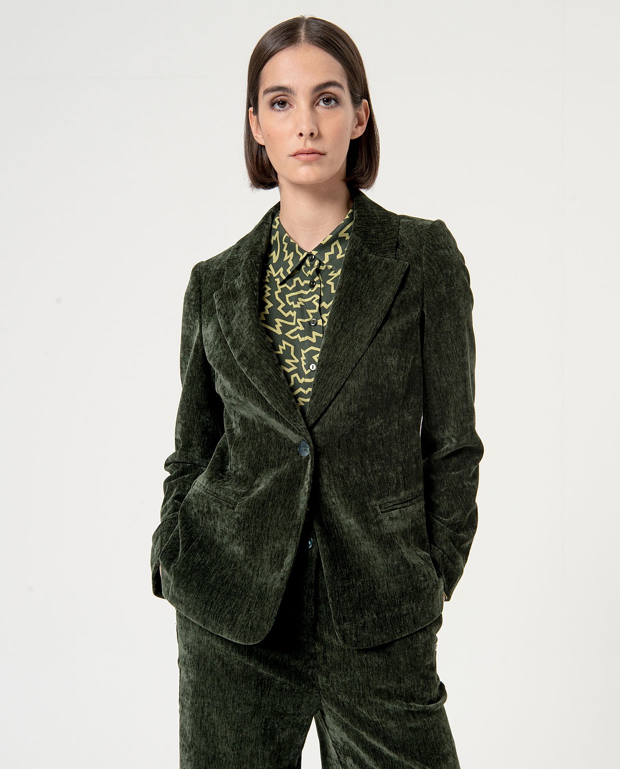 Blazer élastique uni en velours Vert