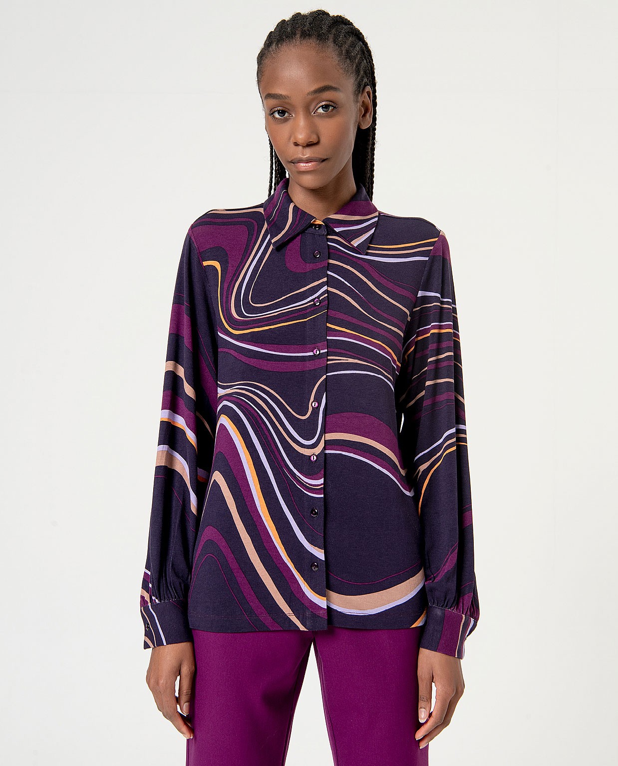 Chemise stretch imprimée à manches longues Violet