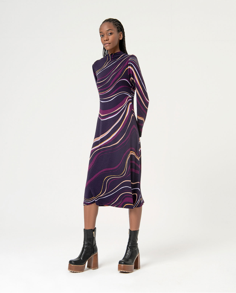 Printed elastic midi stretch printed dress Purple