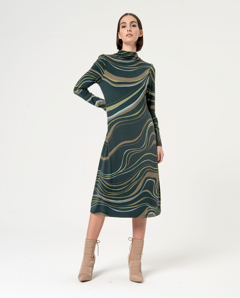 Robe midi élastique imprimée et extensible Vert