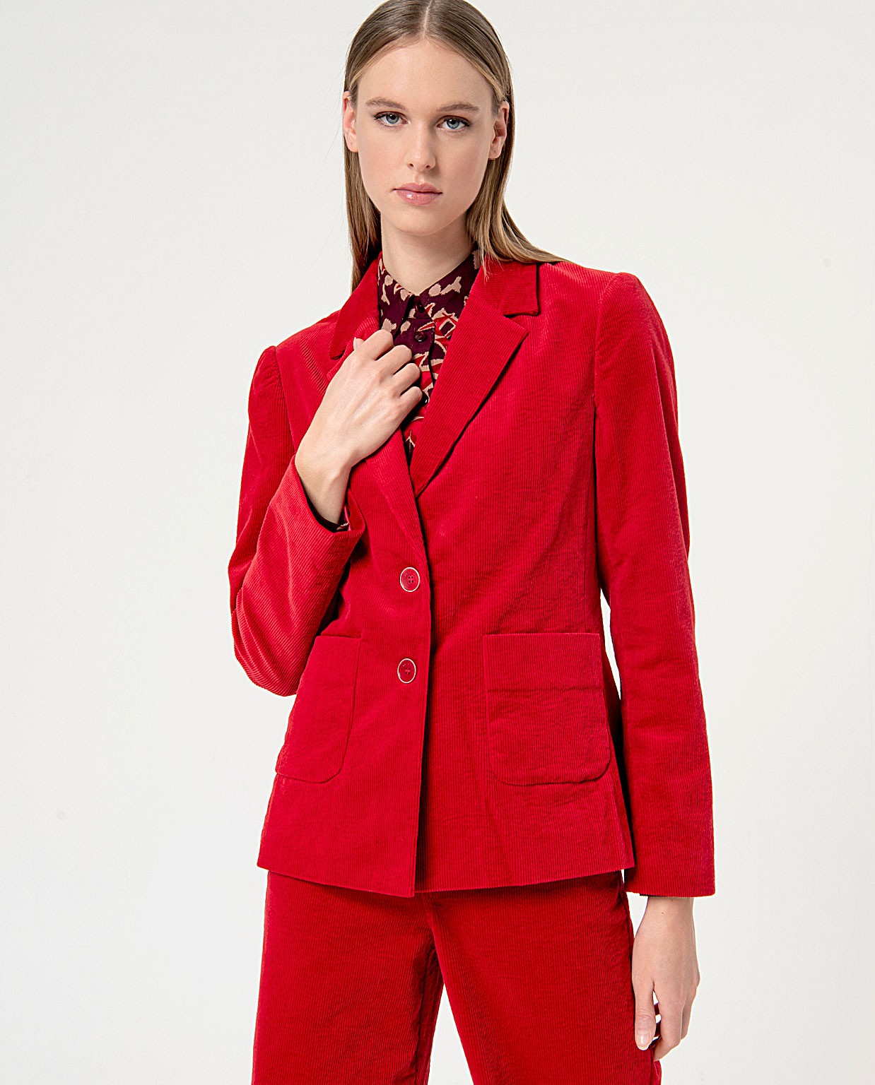 Blazer en velours côtelé uni avec poches Rouge