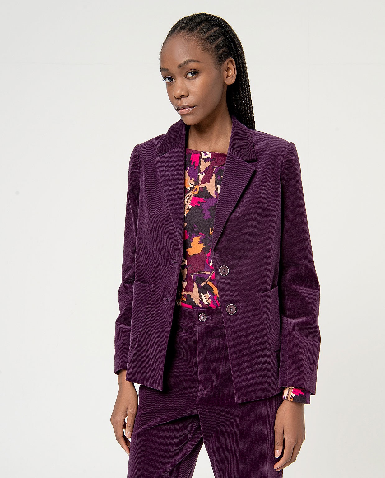 Blazer en velours côtelé uni avec poches Violet