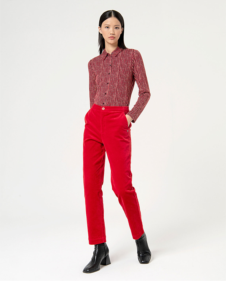 Pantalon droit uni en velours côtelé Rouge