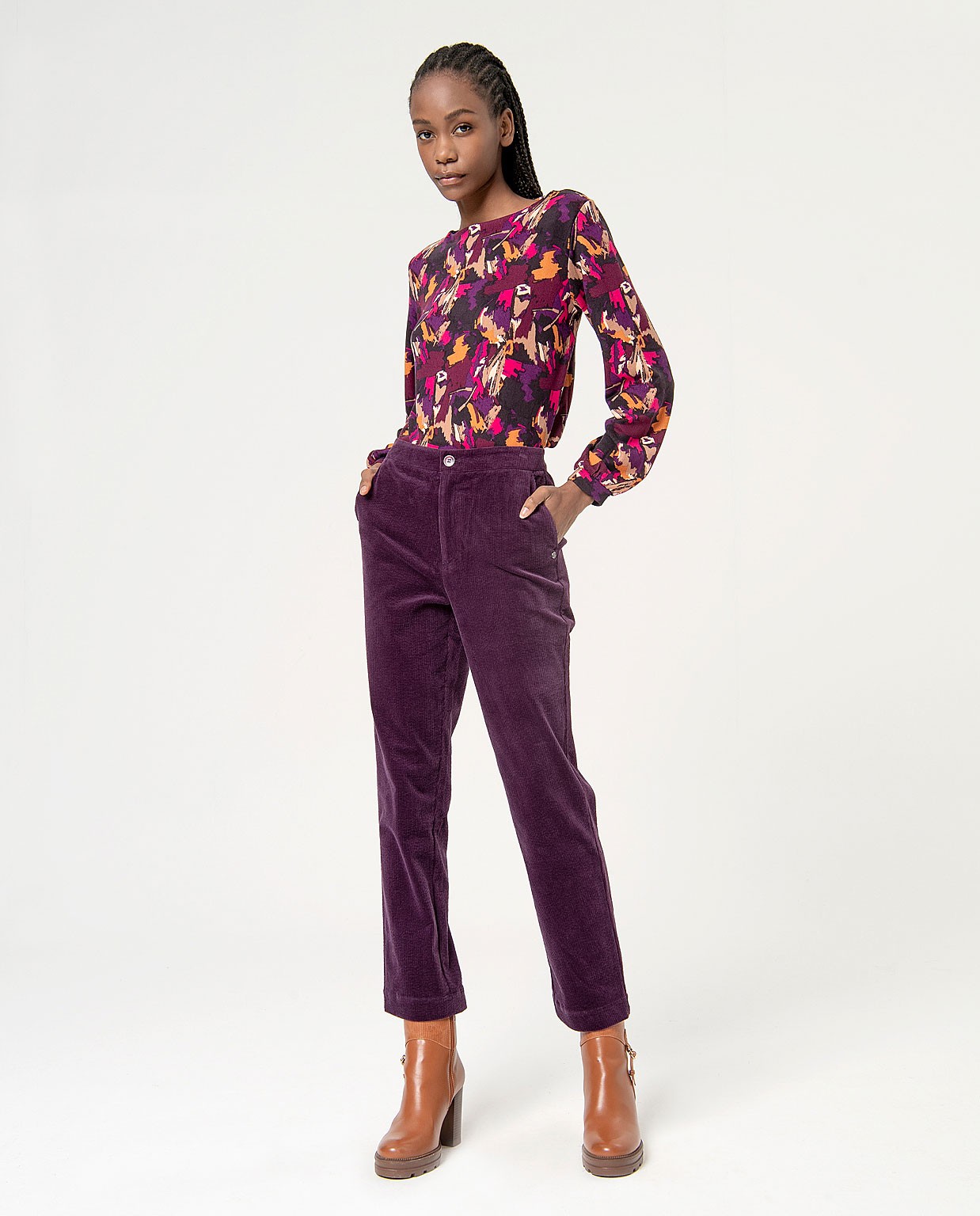 Pantalon droit uni en velours côtelé Violet