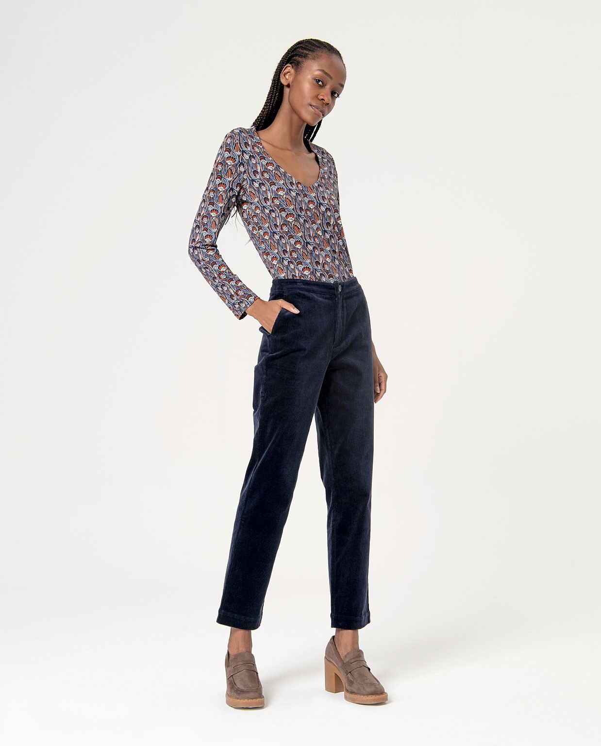 Pantalon droit uni en velours côtelé Bleu marine