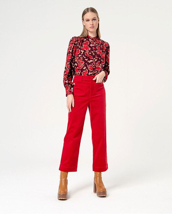 Plain corduroy cropped pants Red