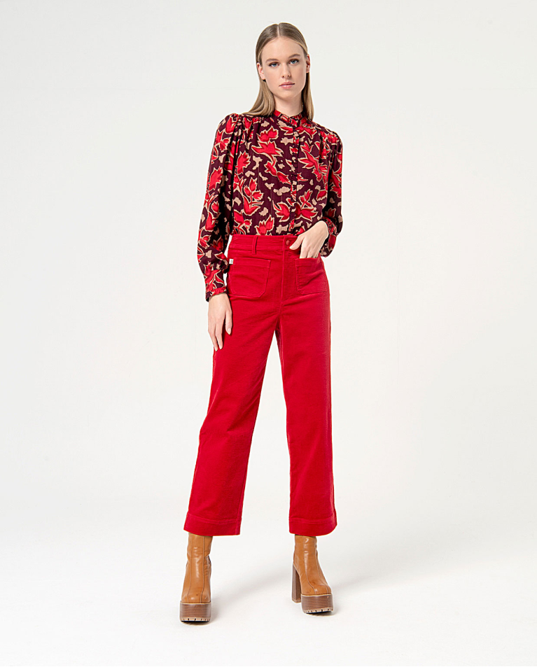 Pantalon croisé en velours côtelé uni Rouge