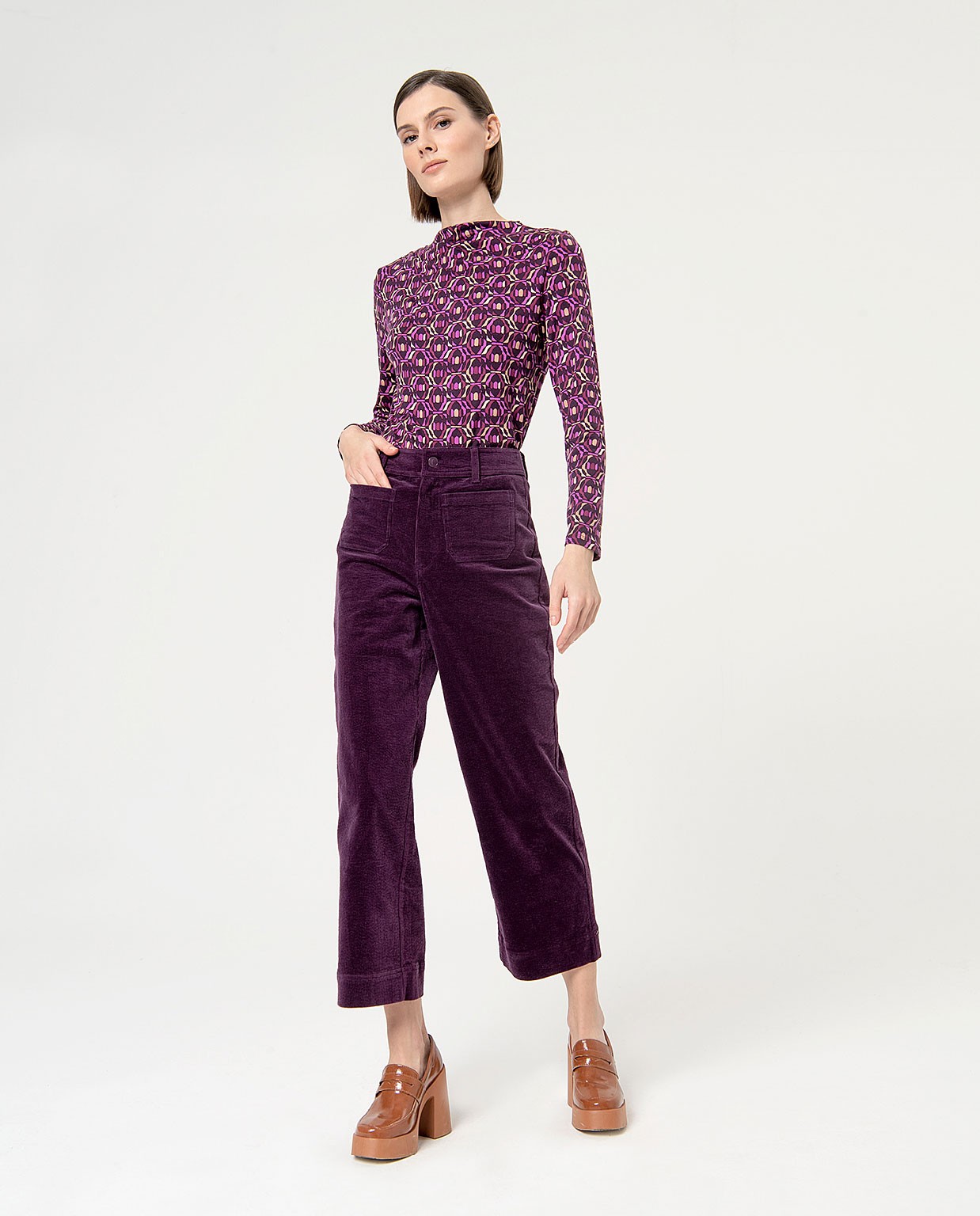 Pantalon croisé en velours côtelé uni Violet