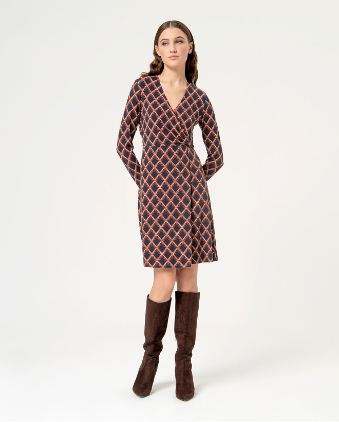 Printed short cross over dress Brown