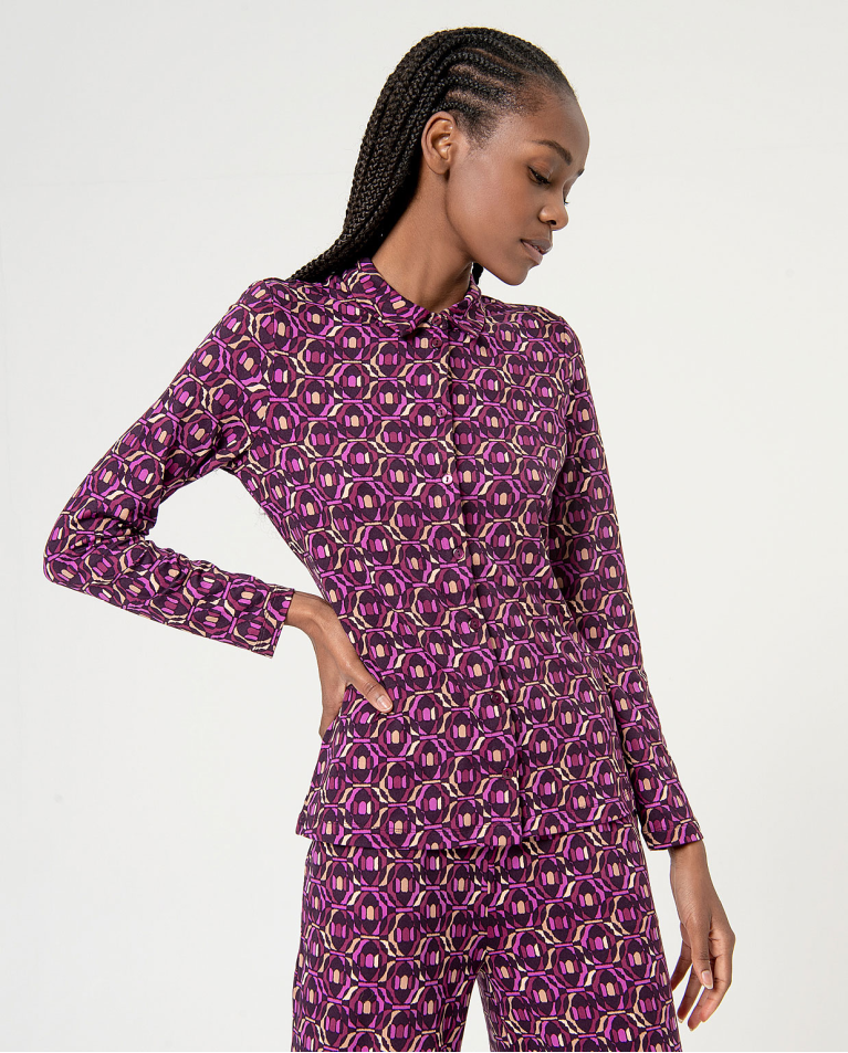 Printed long sleeve elastic shirt Purple