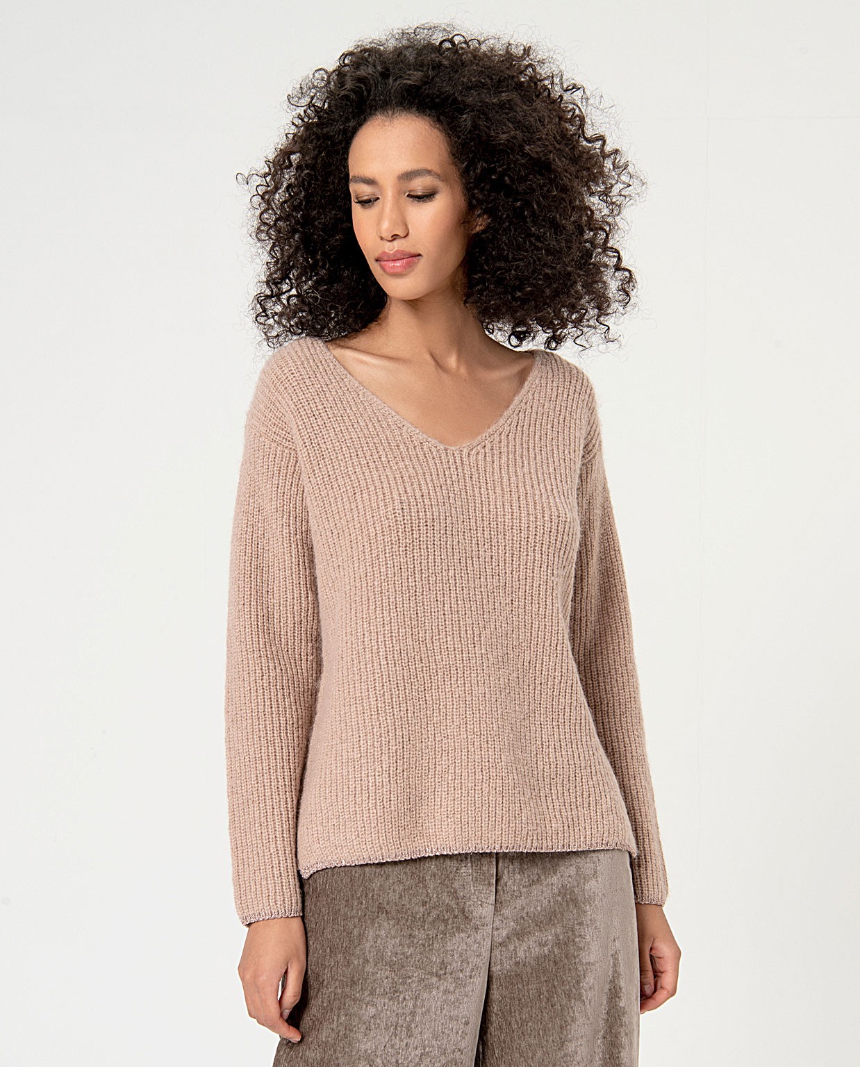 Plain jacquard knitted sweater Stone