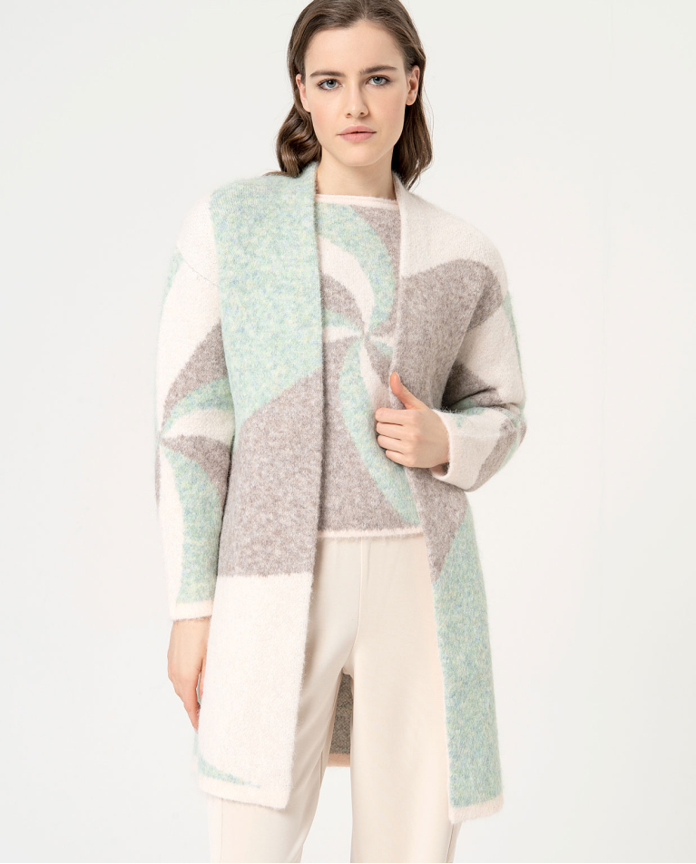 Long cardigan en jacquard tricoté Écru