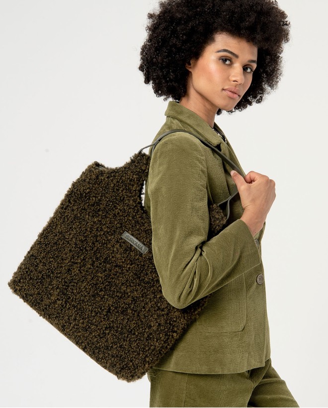 Shopper en laine bouclée et cuir végétalien Khaki