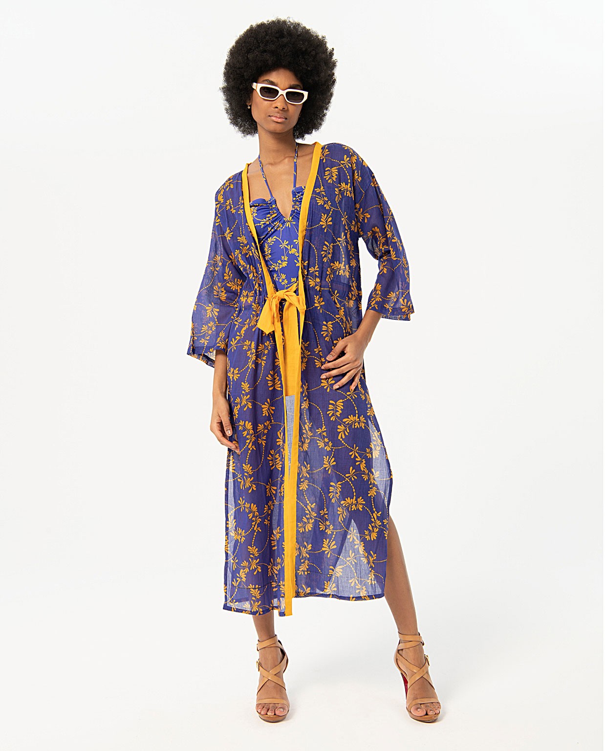 Printed long kimono Blue