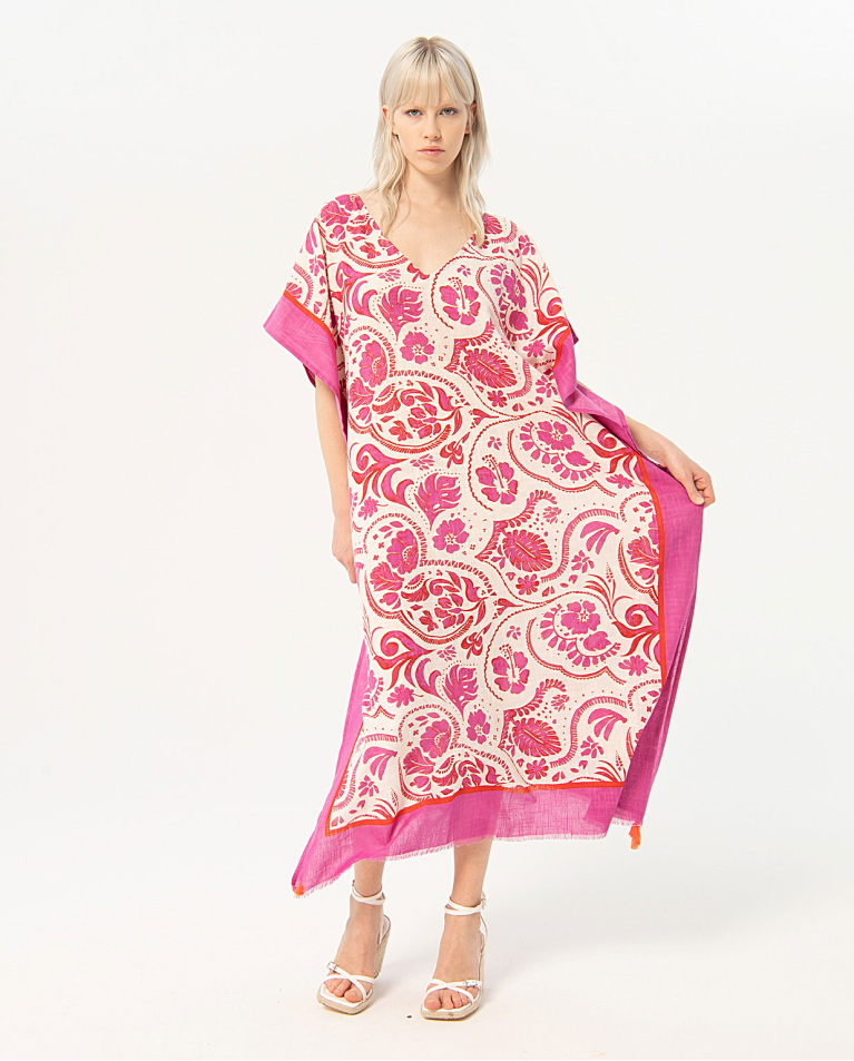 Long kaftan with V-neckline Fuchsia