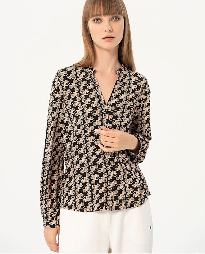 Printed mao collar shirt Black