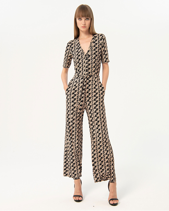 Printed elastic short sleeve jumpsuit Black