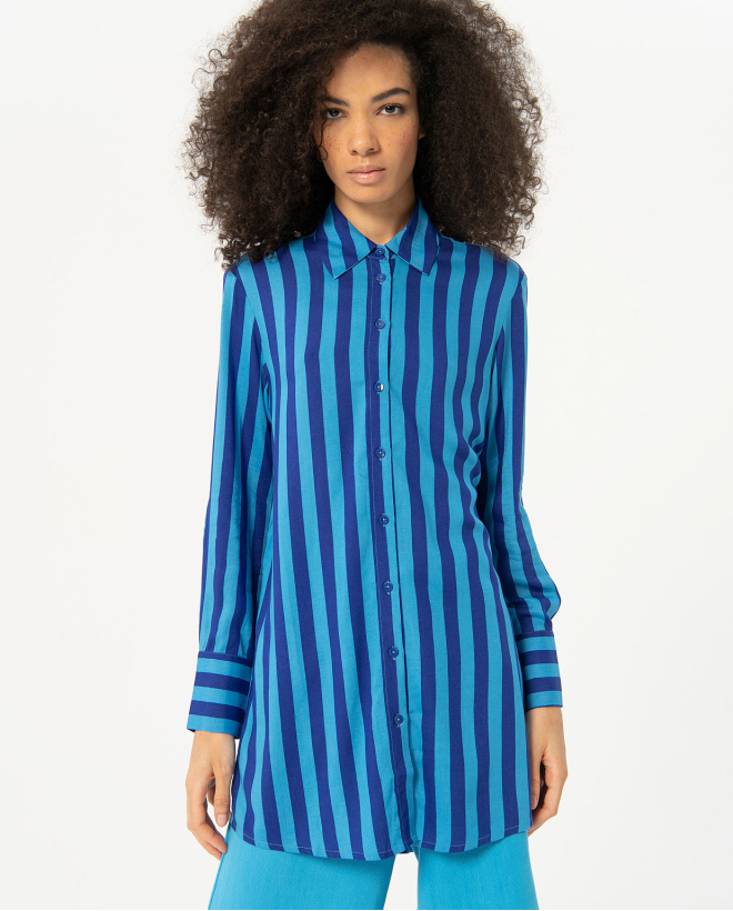 Chemise longue satinée à rayures Bleu