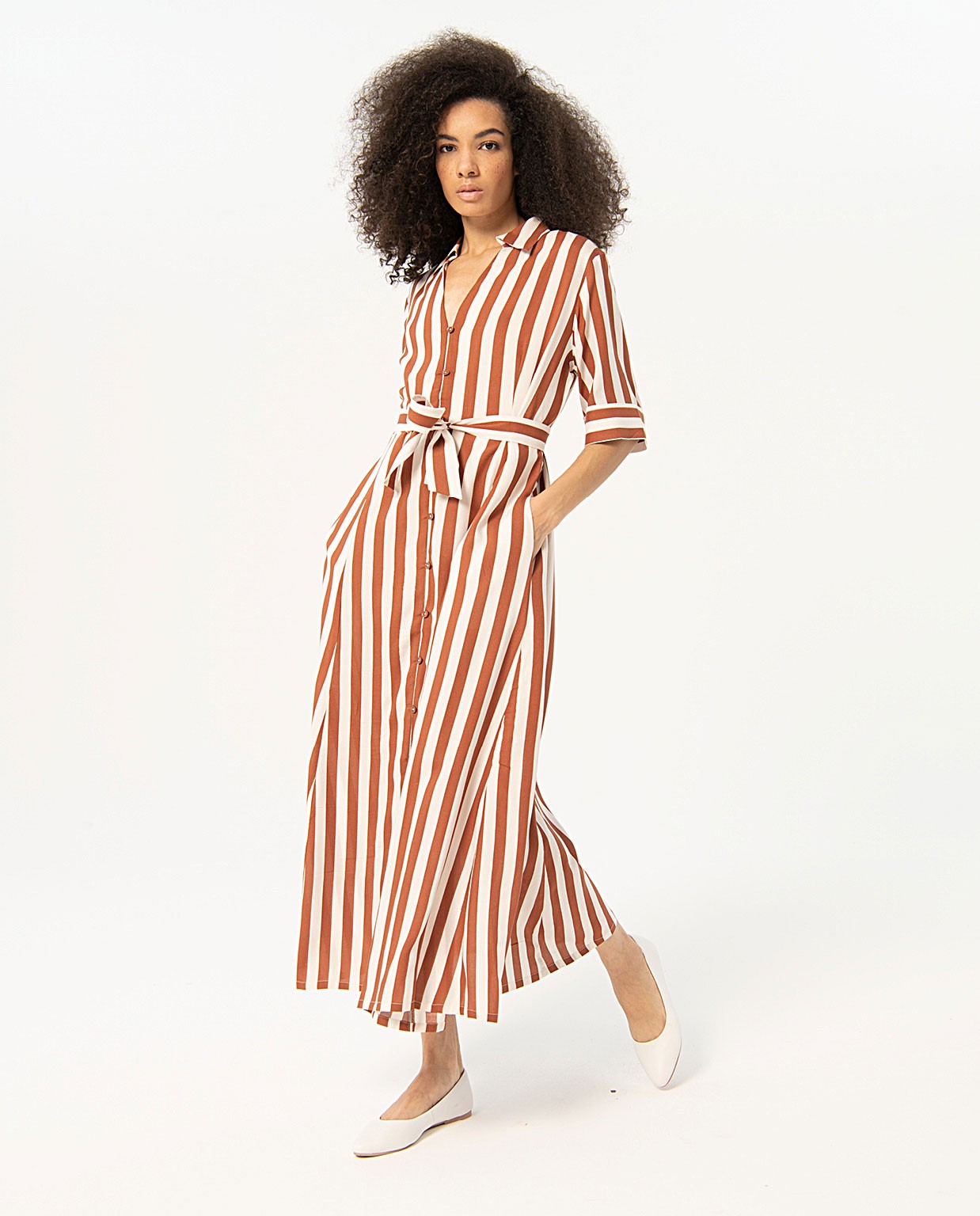 Striped satin shirt dress Brown