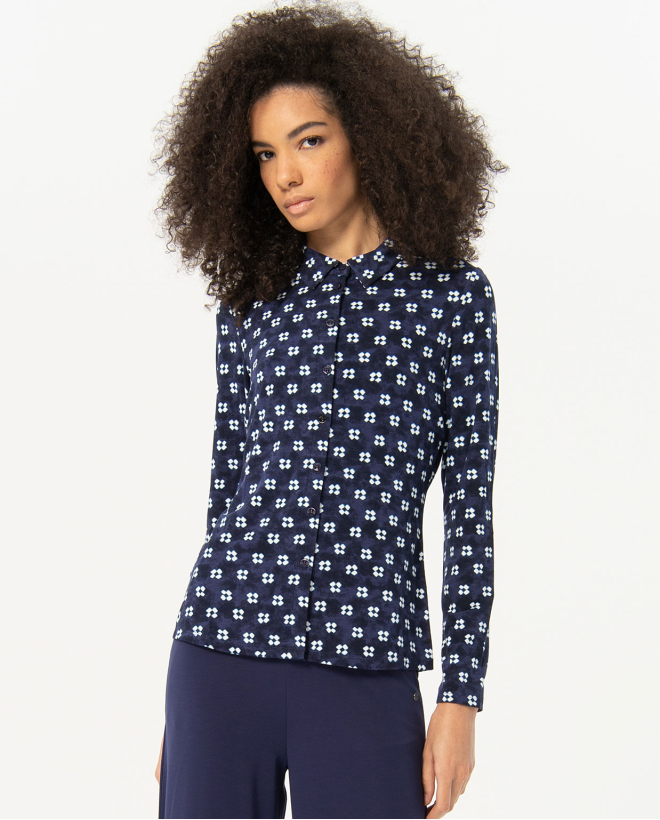 Printed long sleeve crepe shirt Navy blue