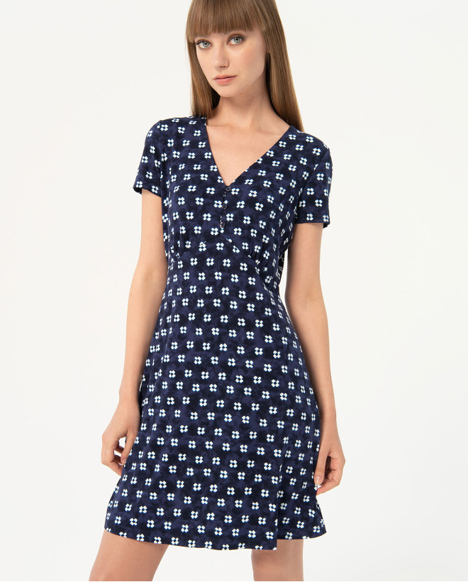 Printed crepe short dress Navy blue