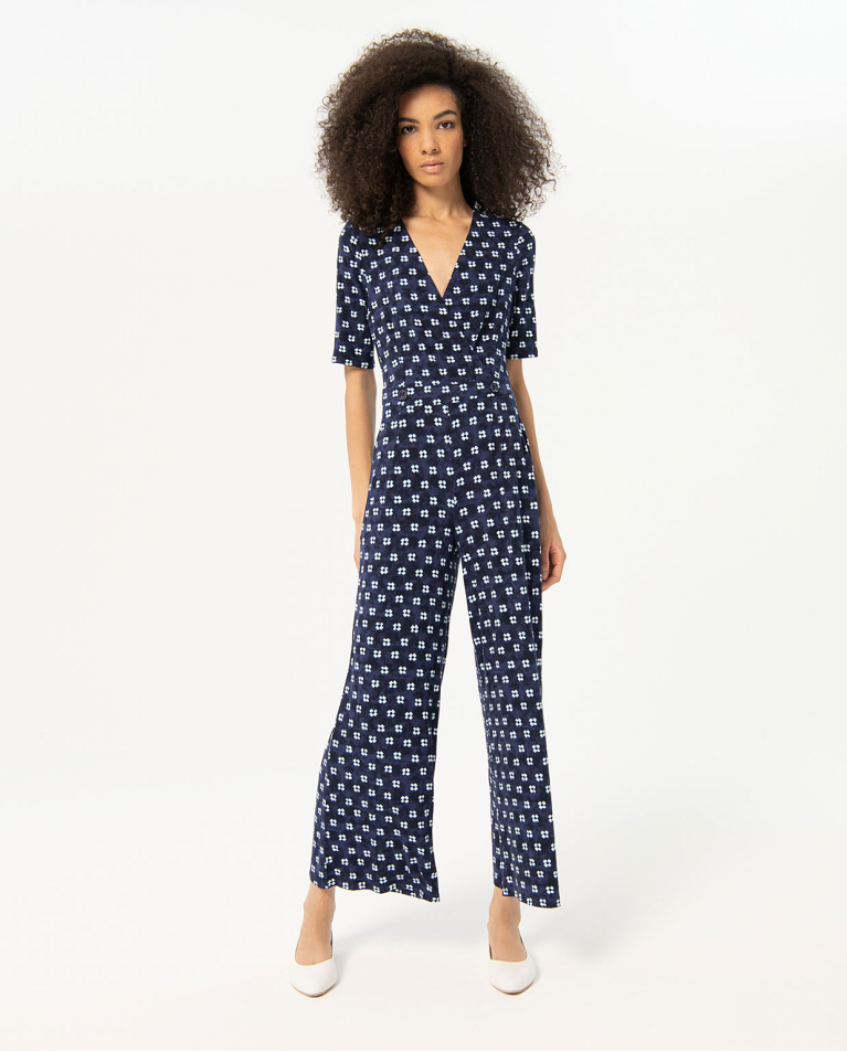 Printed crepe cross neckline jumpsuit Navy blue