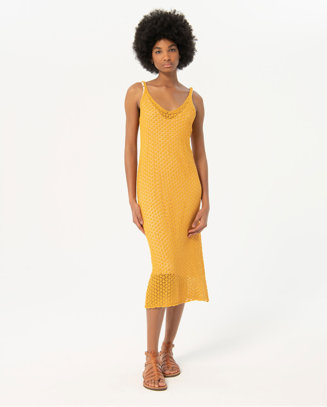 Vestido midi de crochet liso Amarillo