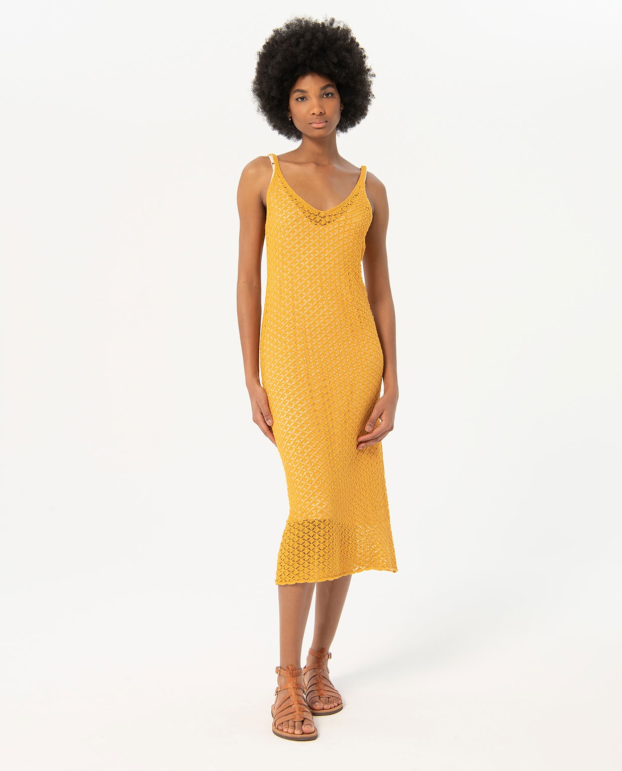 Vestido midi de crochet liso Amarillo