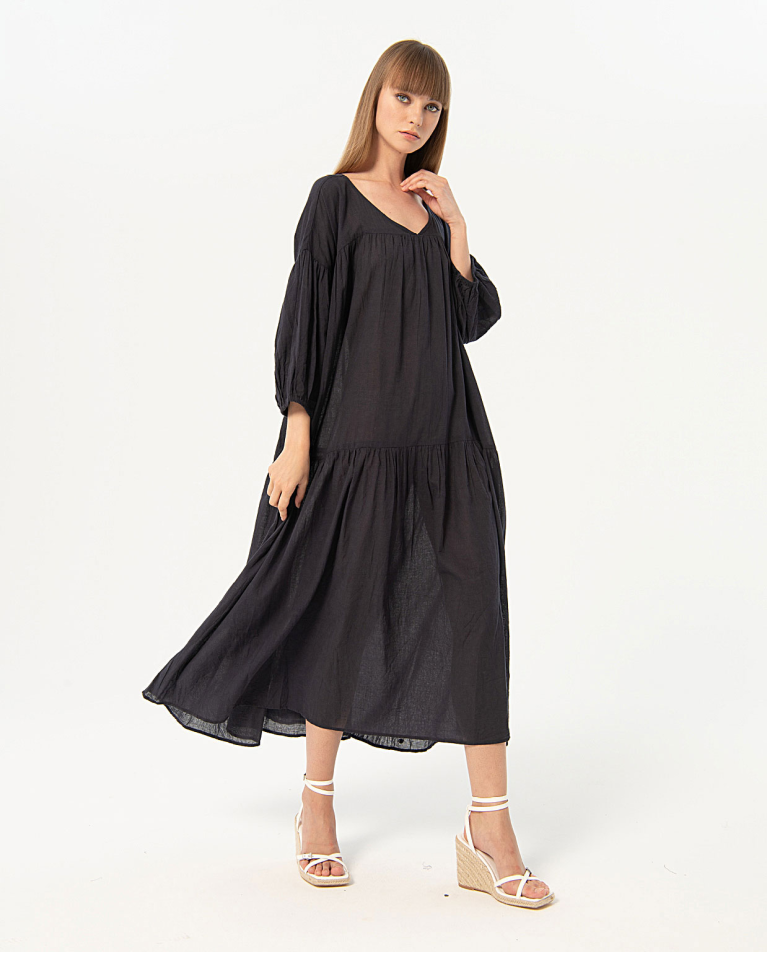 Oversize long dress fine cotton Navy blue