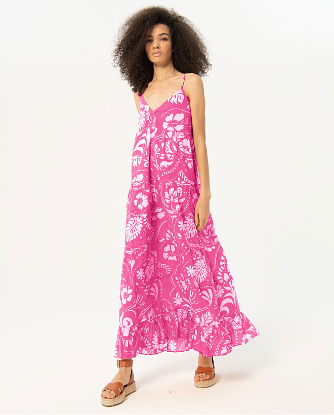 Robe longue de plage en coton fin Fushia