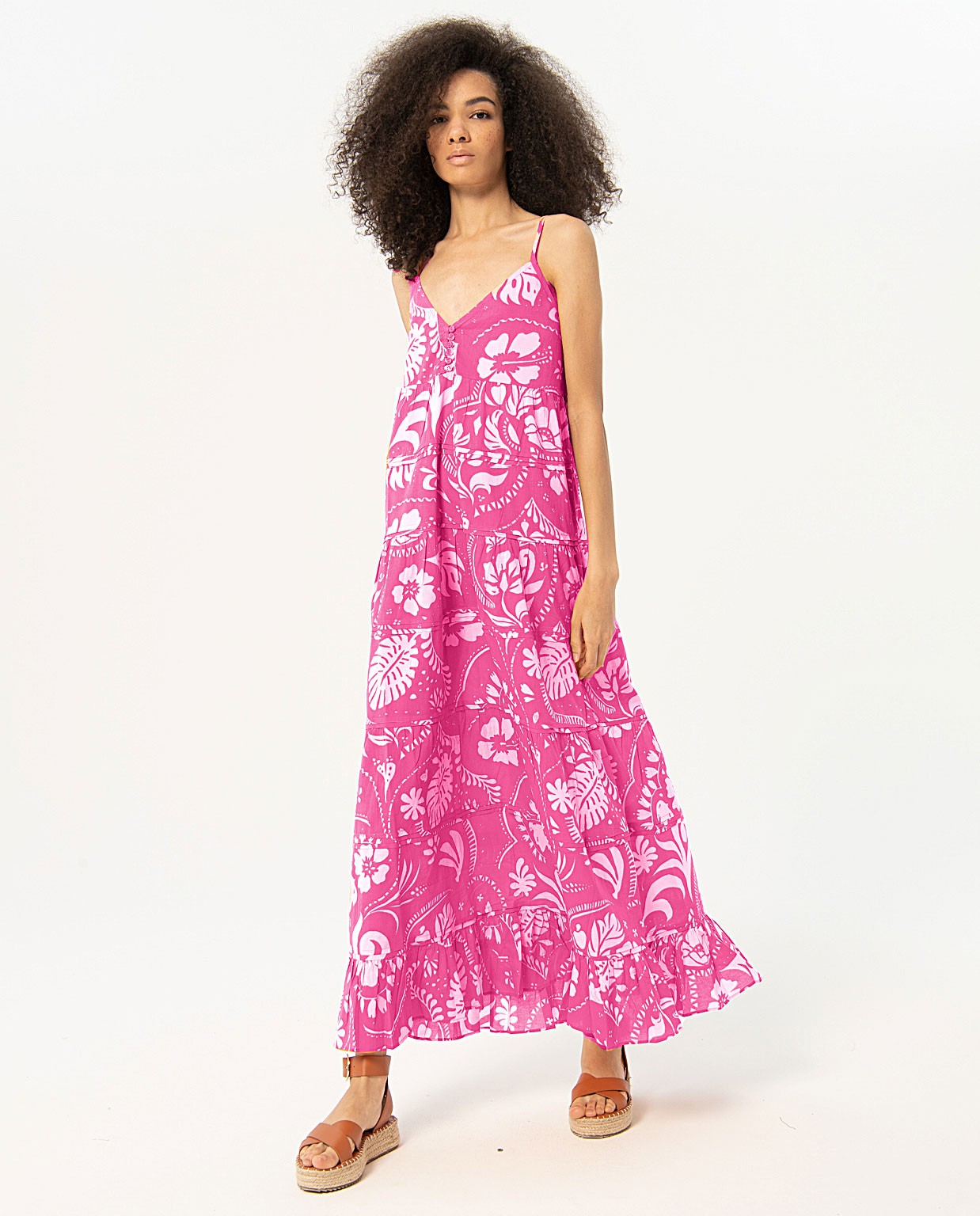 Robe longue de plage en coton fin Fushia