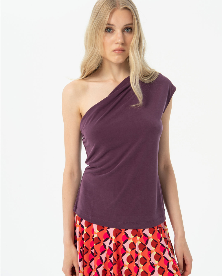 Asymmetrical plain t-shirt with ruffles Maroon