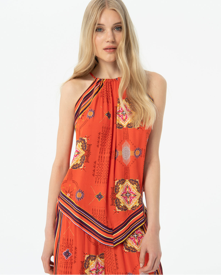 Top halter de bambula estampada Coral