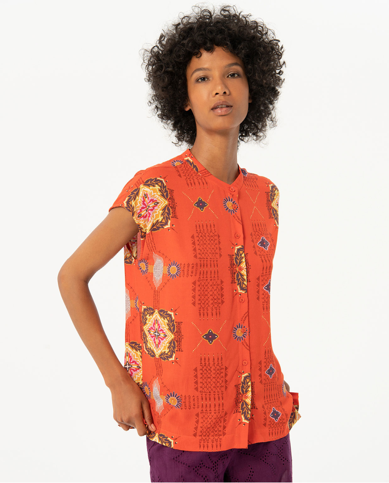 Blusa oversize de bambula estampada Coral