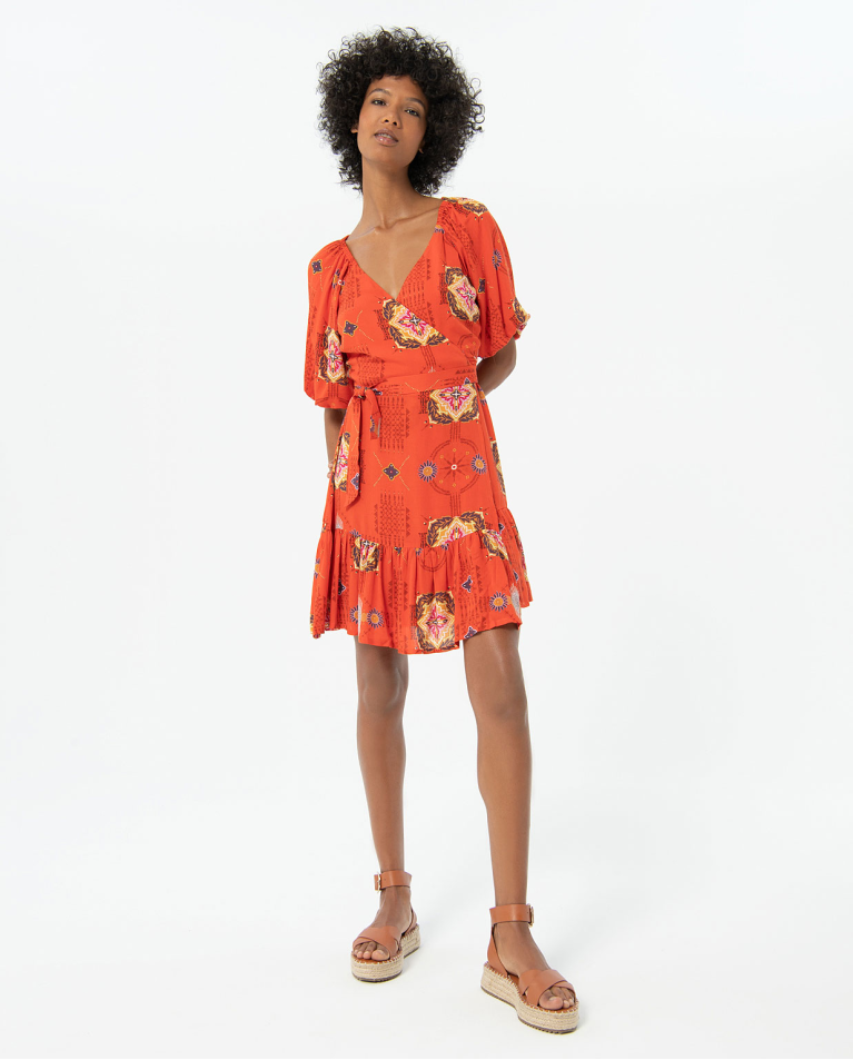 Printed bamboo short dress Coral